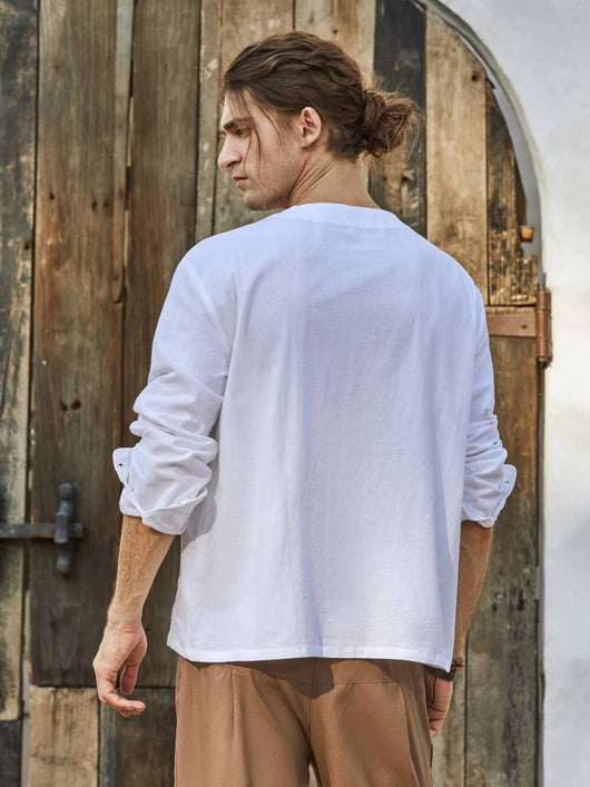 Camisa de Algodón y Lino con Cuello Redondo y Botones - Manga Larga Tendencia - Image 5