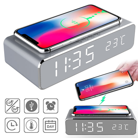 Reloj Despertador LED con Cargador Inalámbrico, Espejo HD y Termómetro