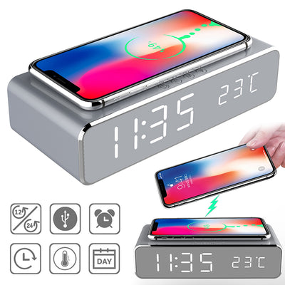 Reloj Despertador LED con Cargador Inalámbrico, Espejo HD y Termómetro