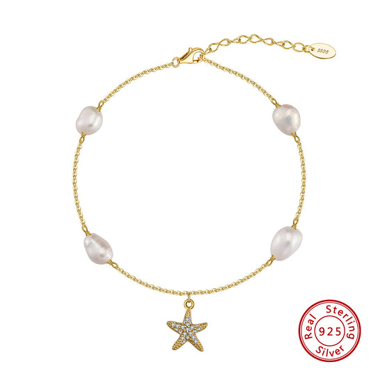 Tobillera de Plata 925 con Estrella de Mar y Perla - Estilo Playa - Image 2