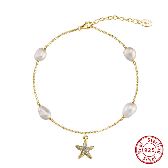 Tobillera de Plata 925 con Estrella de Mar y Perla - Estilo Playa
