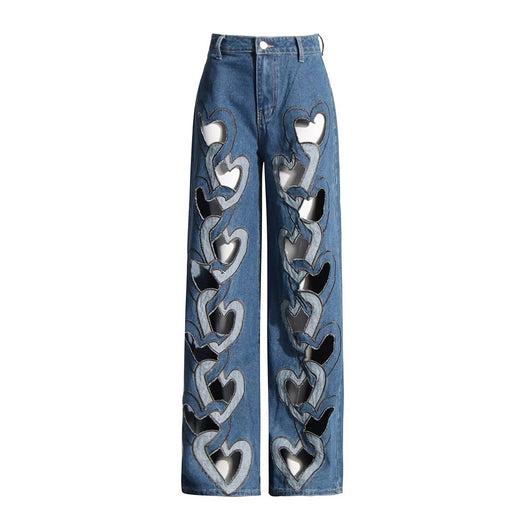 Jeans Cintura Alta con Corazón Calado y Pierna Ancha - Image 3