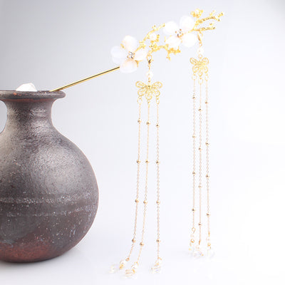 Horquilla Hanfu Flor de Cerezo Estilo Antiguo con Borla y Cristales Blancos - Image 7