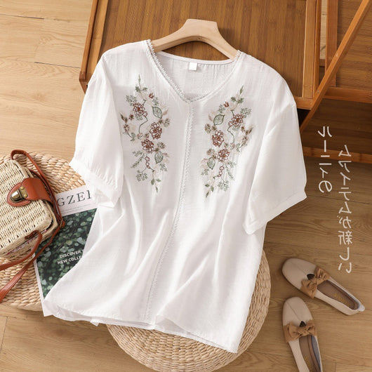 Blusa Suelta de Algodón y Lino con Escote V y Manga Corta para Mujer - Image 2