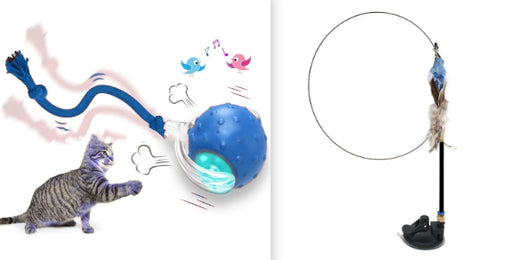 Interactive cat toy set featuring a blue rolling ball with a rope and a feather wand with a suction cup base. - Image 2