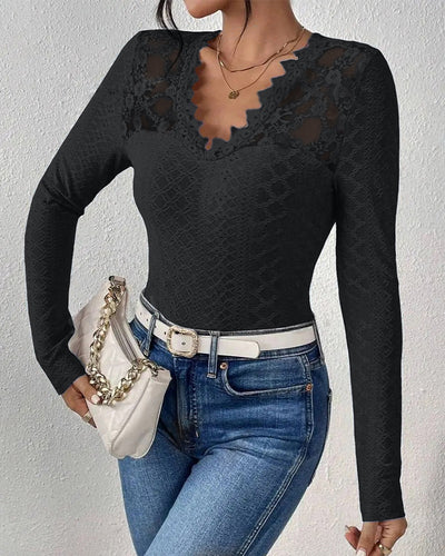 Blusa Elegante de Manga Larga con Panel de Encaje y Cuello en V para Mujer - Image 8