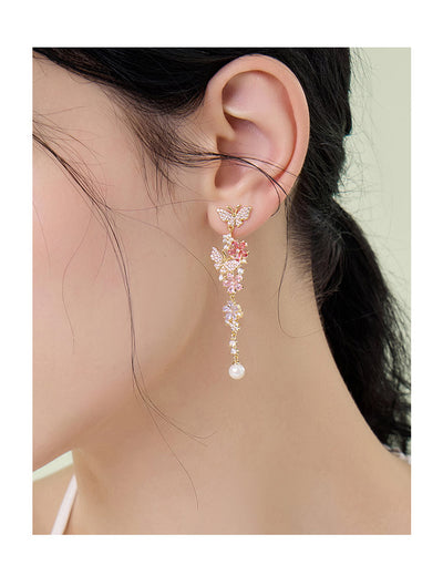 Aretes Mariposa Floral Desmontables con Circonitas Multicolor y Perla - Image 9