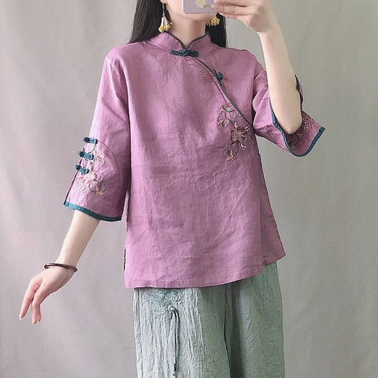 Blusa Tradicional China con Bordado y Cierre Retro en Algodón y Lino - Image 4
