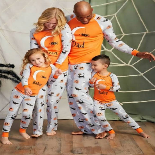 Matching family Halloween pajamas with orange and grey long-sleeve shirts and pants, featuring ghosts, pumpkins, and bats. - Image 2