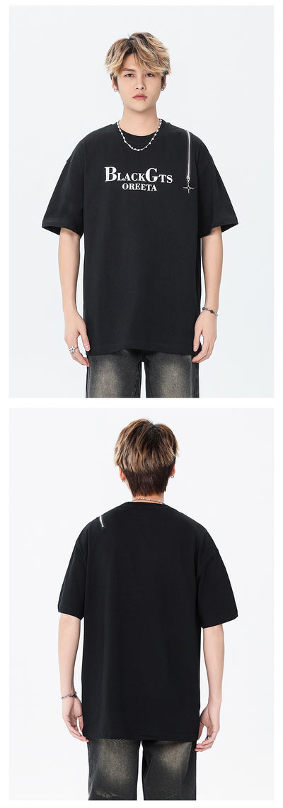 Camiseta Casual para Hombre con Cuello Redondo y Cierre, Estampado de Letras - Image 10