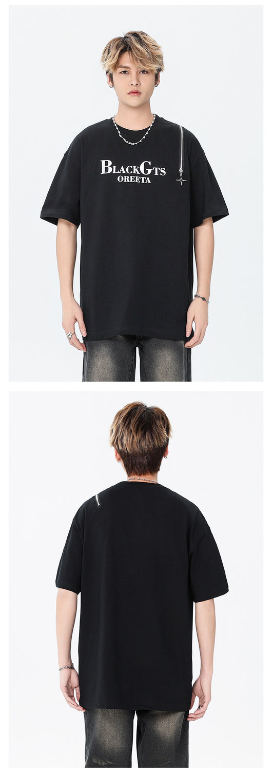 Camiseta Casual para Hombre con Cuello Redondo y Cierre, Estampado de Letras - Image 10