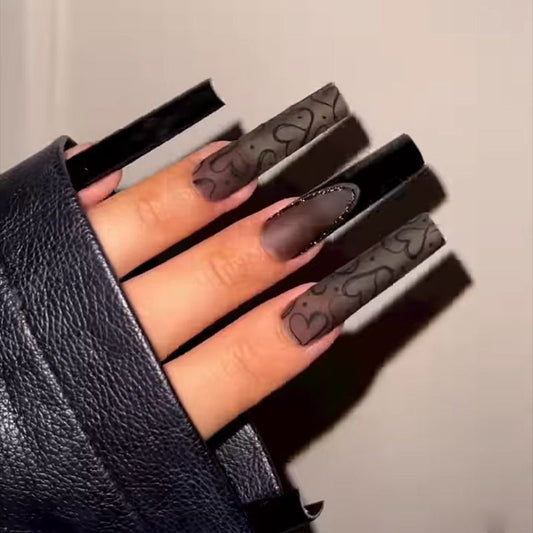 Uñas Postizas Negras Mate Estilo Europeo - Diseño Elegante de Larga Duración