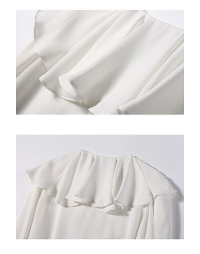 Blusa Blanca para Mujer con Corbata de Perlas y Cuello Hoja de Loto - Image 13
