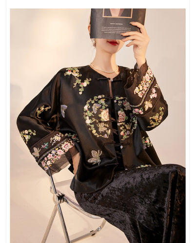 Blusa Larga Estilo Chino Premium con Bordado y Estampado Artesanal - Image 29