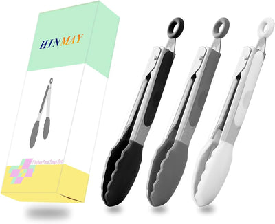 Small Silicone Tongs 7-Inch Mini Serving Tongs, Set of 3 (Black Gray White) - Tekeno