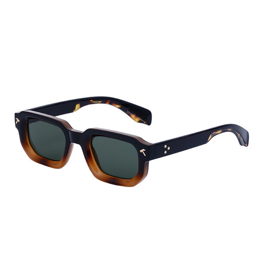 Men's square frame sunglasses with a two-tone brown and black frame, dark green lenses, and tortoise shell temples. - Image 8