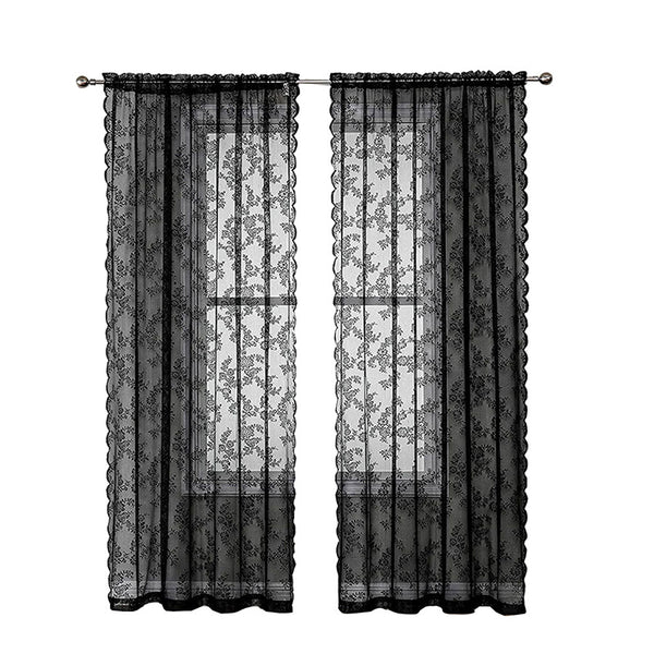 Red lace sheer curtains with a floral pattern and scalloped edges, hung on a black curtain rod. - Image 6