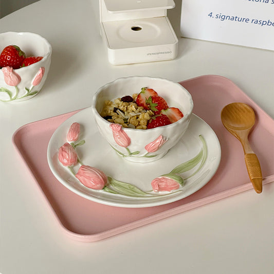 Juego de Vajilla Cerámica Tulipán 3D - Plato, Tazón y Taza