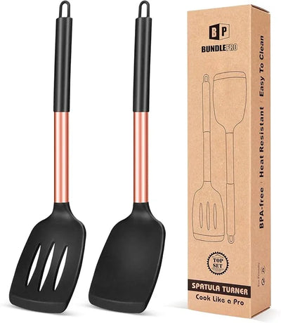 Pack of 2 Silicone Solid Turner, Non Stick Slotted Kitchen Spatulas, High Heat Resistant BPA Free Cooking Utensils, Ideal Cookware for Fish, Eggs, Pancakes(Black) - Tekeno