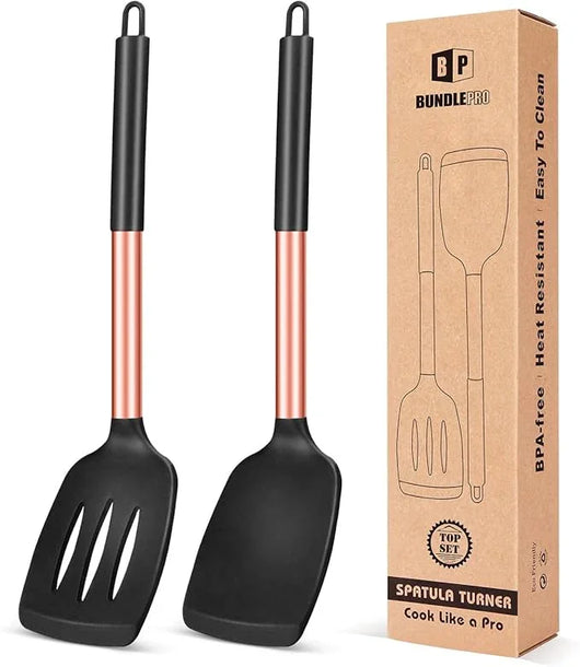 Pack of 2 Silicone Solid Turner, Non Stick Slotted Kitchen Spatulas, High Heat Resistant BPA Free Cooking Utensils, Ideal Cookware for Fish, Eggs, Pancakes(Black) - Tekeno