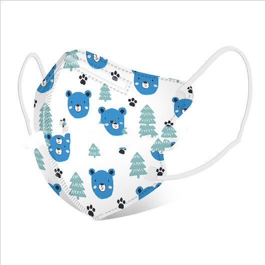 White children's 3D protective mask with a cartoon pattern of pink bears, blue cats, and trees, featuring ear loops. - Image 36