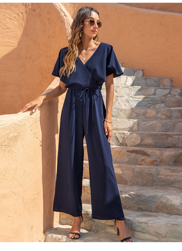 Jumpsuit Casual de Cuello V con Cintura Alta y Corte Holgado para Mujer