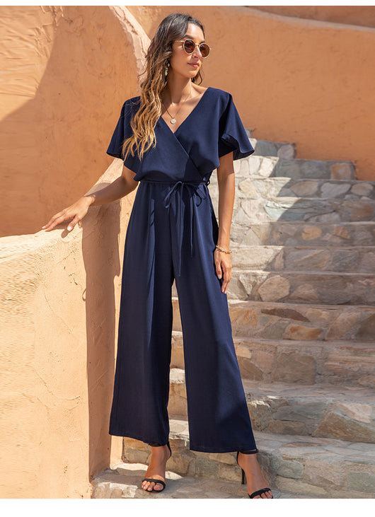 Jumpsuit Casual de Cuello V con Cintura Alta y Corte Holgado para Mujer