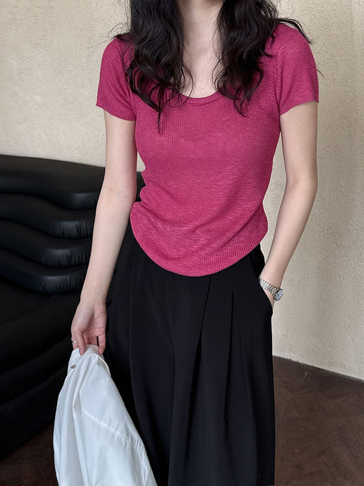 Camiseta Ajustada de Verano para Mujer - Cuello Redondo, Manga Corta y Cintura Definida - Image 22