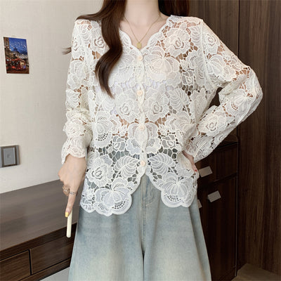 Blusa Larga de Encaje Calado con Mangas Largas para Mujer - Image 11