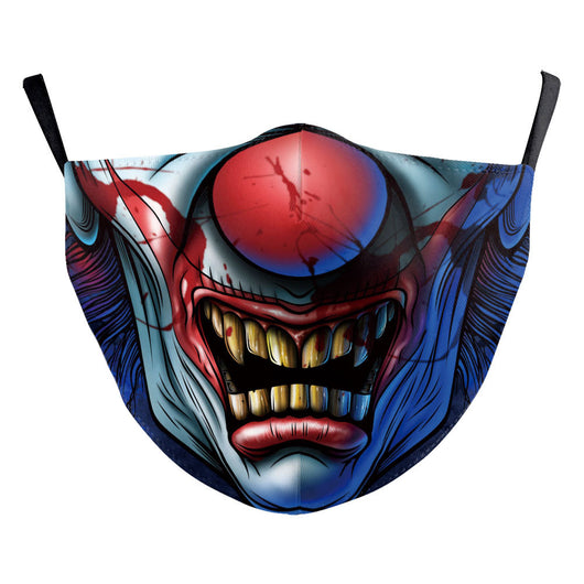 White ear hook dust mask with a black and white clown face design, featuring a wide stitched smile. - Image 17