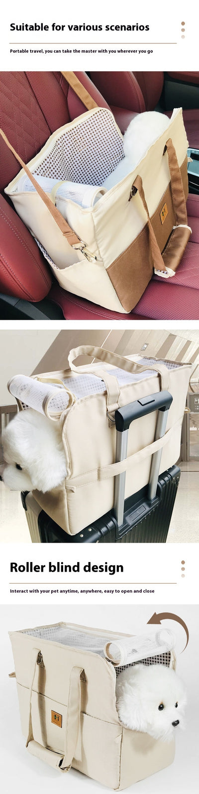 Two-tone beige and brown canvas pet carrier bag with mesh top and a small white dog peeking out. - Image 10