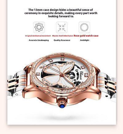Reloj Automático para Mujer con Diamantes y Esfera de Mariposa - Resistente al Agua - Image 21
