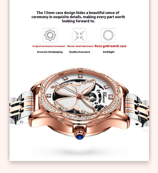 Reloj Automático para Mujer con Diamantes y Esfera de Mariposa - Resistente al Agua - Image 21