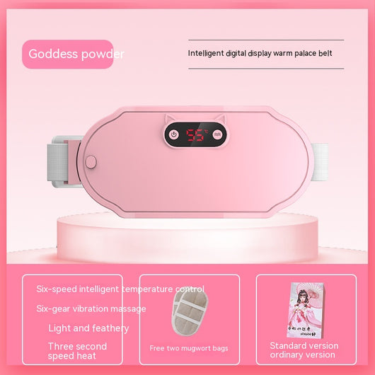 Pink stomach warming belt with vibration and heating, USB charging cable, two wormwood bags, and manual in a floral gift box. - Image 5