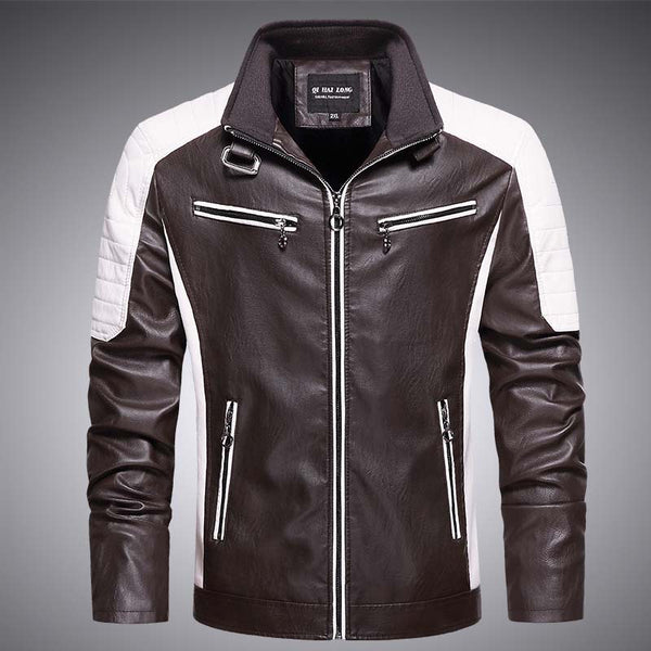Chaqueta de Cuero Delgada Estilo Europeo Hombre Joven - Corte Slim con Cuello Alto