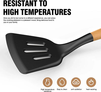 Silicone Cooking Utensils Set - Silicone Kitchen Utensils for Cooking Wooden Handles, 446°F Heat Resistant Kitchen Utensil Spatula Sets W Holder, Gadgets for Non-Stick Cookware BPA FREE (Black) - Tekeno