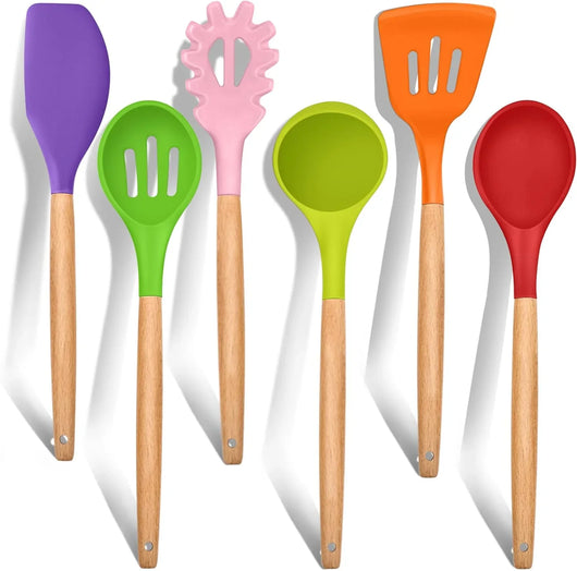 Cooking Utensils Set of 6, Silicone Kitchen Utensils with Wooden Handle, Non-Stick Cookware Friendly & Heat Resistant, Includes Spatula/Ladle/Slotted Turner/Serving Spoon/Spaghetti Server(Black) - Tekeno