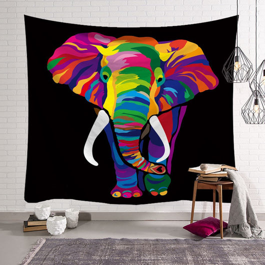 Vibrant multicolor elephant tapestry with a black background, featuring an abstract design for wall decor. - Image 14