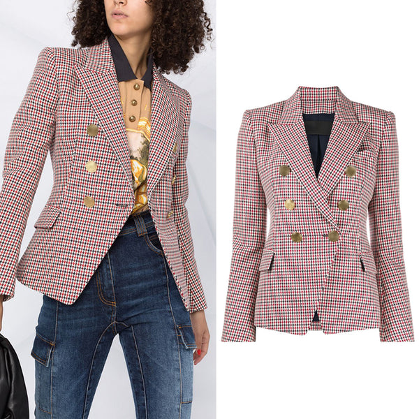 Blazer Cuadros Pied de Gallo Mujer Doble Botonadura Manga Larga