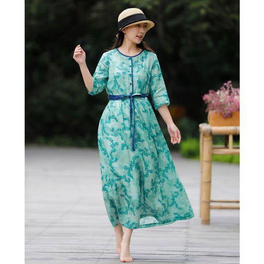 Vestido de Lino y Algodón Floral Estilo Verano con Cinturón Contraste
