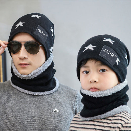 Brown knitted beanie with white five-pointed stars and a matching fleece-lined neck warmer on a man. - Image 21
