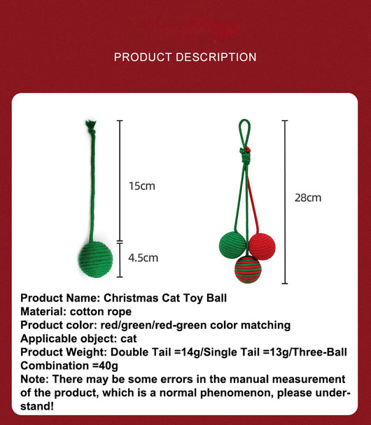 Red and green striped cotton rope ball cat toy with two rope tails, ideal for Christmas interactive play. - Image 10