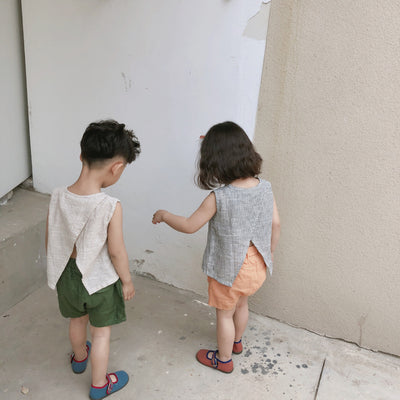 Chaleco Infantil Coreano Verano Algodón y Lino Rayas Verticales Abertura Trasera - Image 15