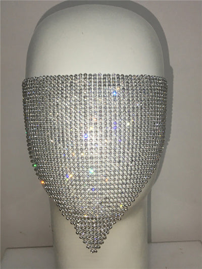 Gold rhinestone mask made of metal mesh, covering the face from the eyes to below the chin, displayed on a white mannequin head. - Image 10