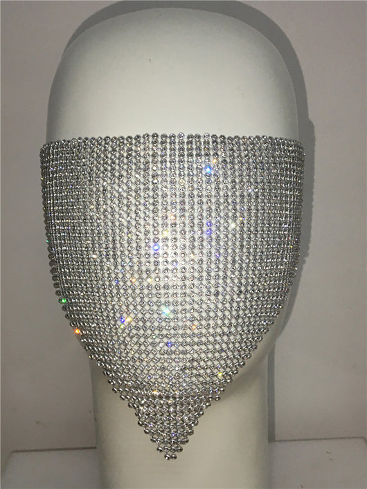 Gold rhinestone mask made of metal mesh, covering the face from the eyes to below the chin, displayed on a white mannequin head. - Image 10