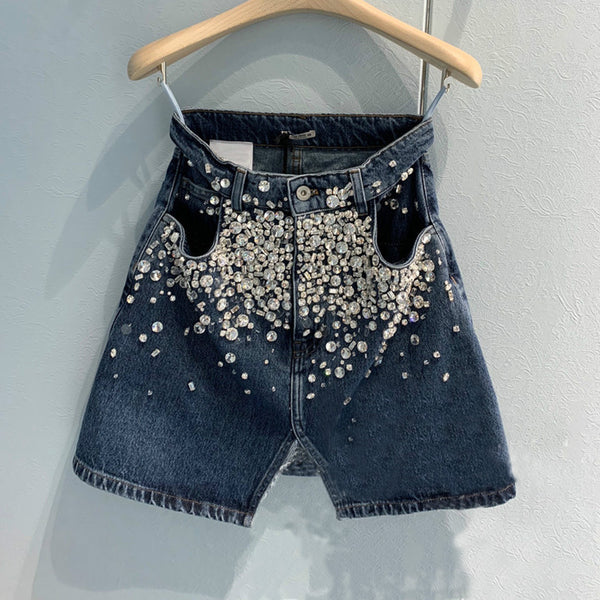 Falda Denim con Abertura Frontal, Perlas y Diamantes - Image 10
