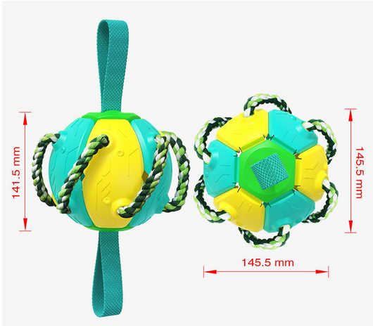 Red and green interactive dog football soccer ball with rope and fabric tabs for training and outdoor play. - Image 13