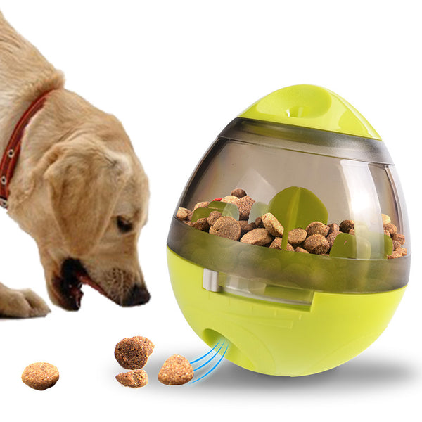 Lime green and transparent egg-shaped pet food dispenser toy, 100mm wide and 117mm tall, for slow feeding.