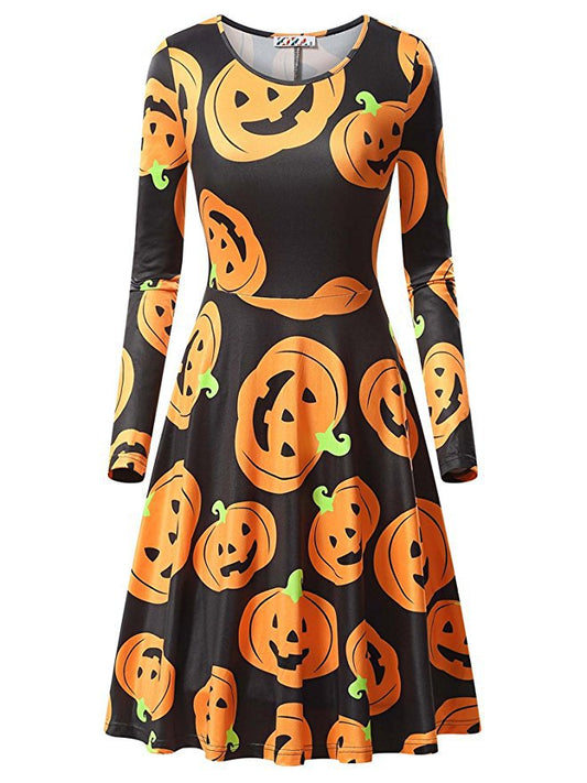 Vestido Largo de Manga Larga con Estampado de Calabaza para Halloween