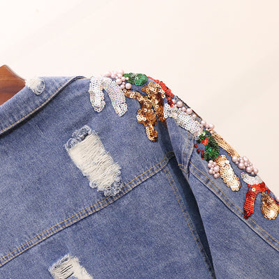 Chaqueta Denim Oversized con Bordados y Lentejuelas Reductora para Mujer - Image 13